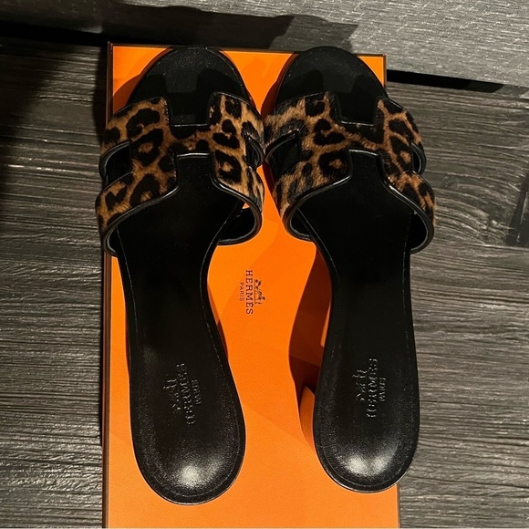 NIB Hermes Oasis Sandals Heels Leopard Print Pony Hair 38 - Picture 9 of 15